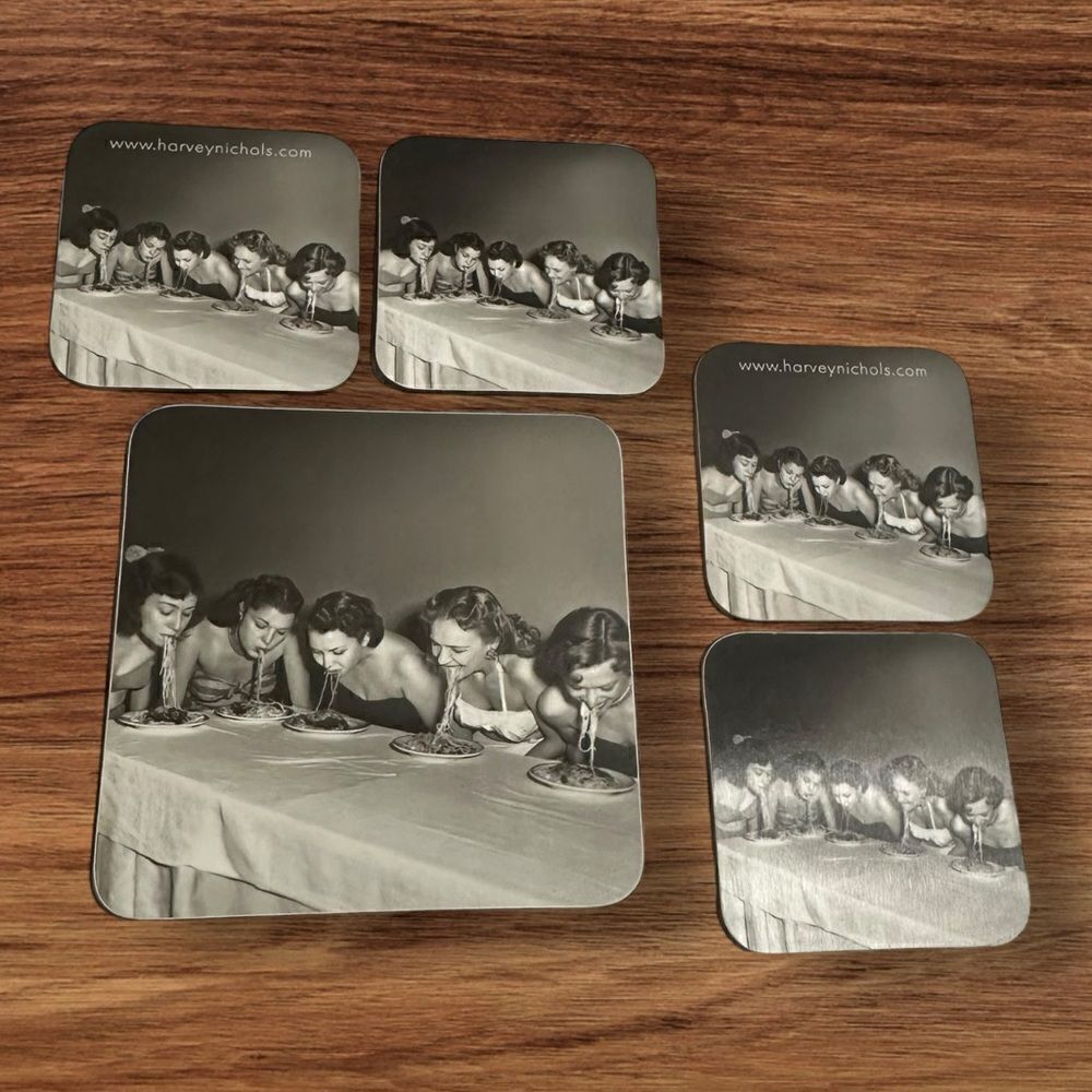 Vintage Harvey Nichols Food Market 4+1 Coasters - Retro Girls eating Spaghetti